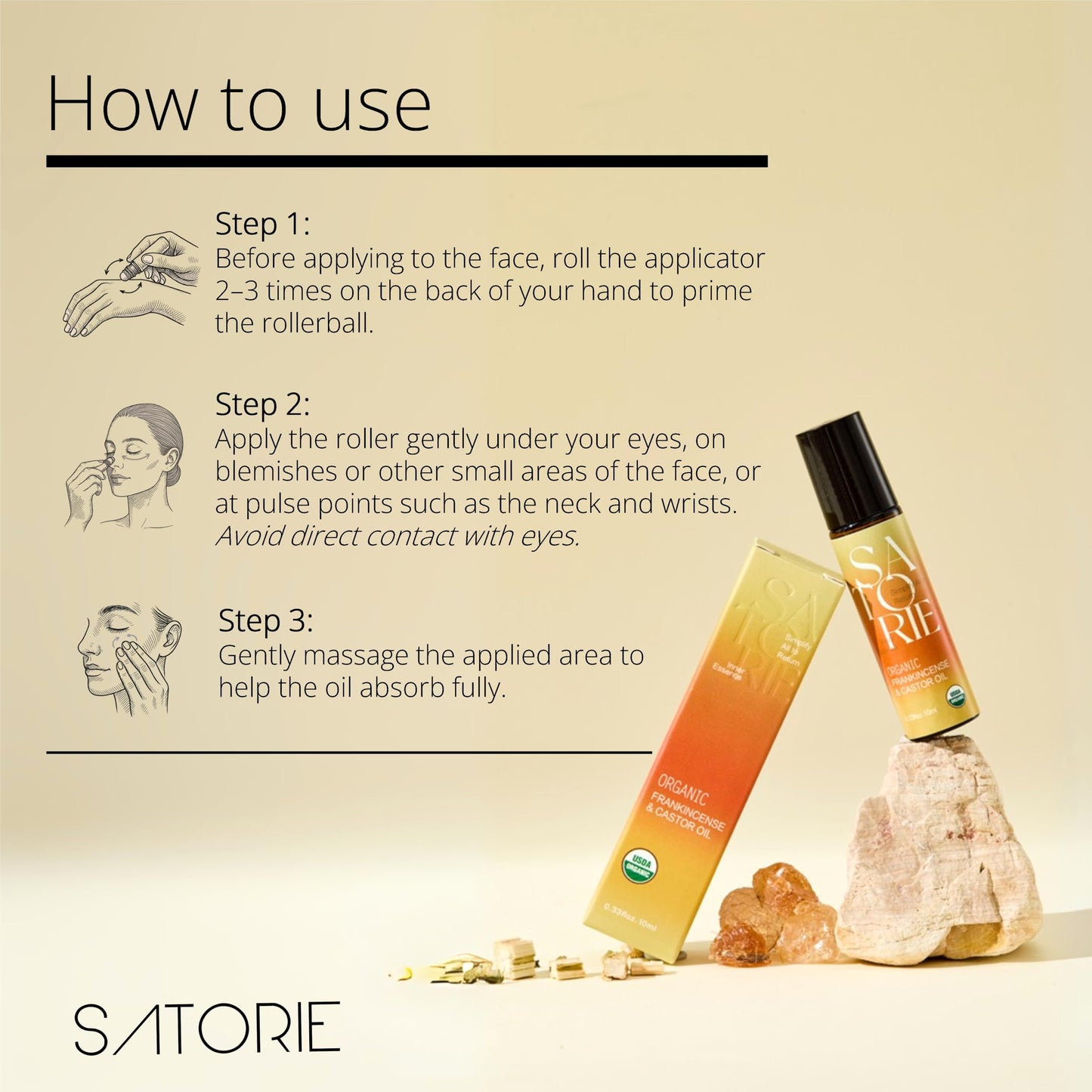 SATORIE Organic Castor & Frankincense Oil with Rose Quartz Rollerball - USDA Certified Essential Blend Oil Roll-On, Time Eraser Rollerball, for Face, Under Eyes, Anti-Aging, Dark Circles