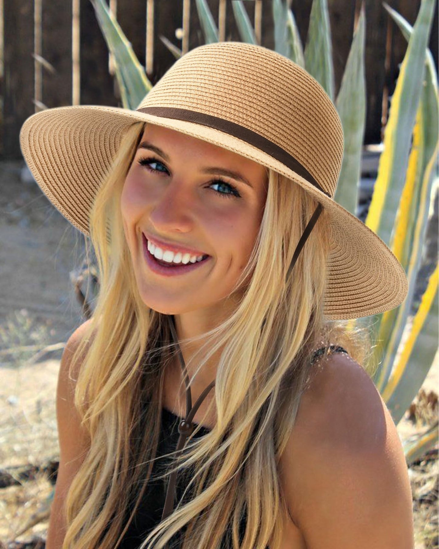 FURTALK Womens Wide Brim Sun Hat with Wind Lanyard UPF Summer Straw Sun Hats for Women Khaki