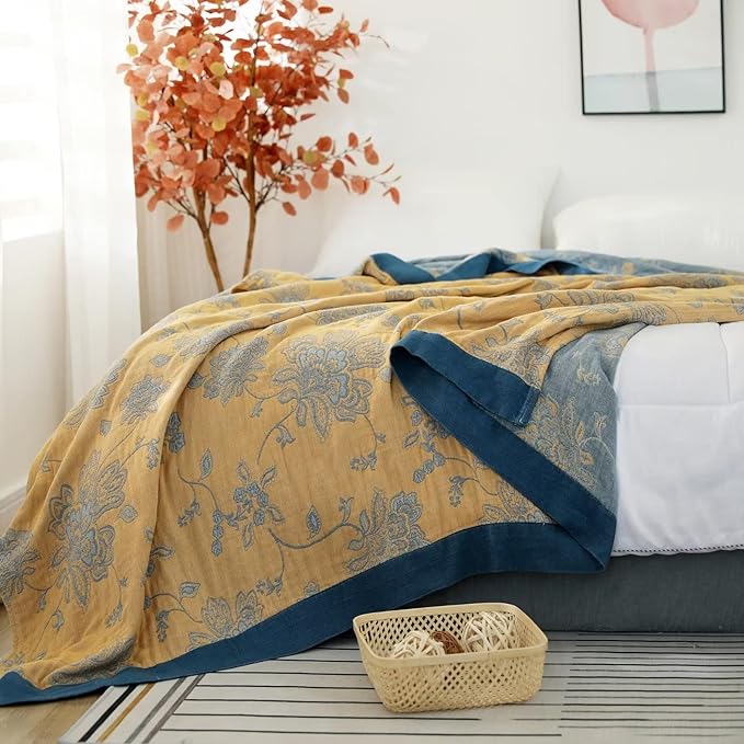 Boho Throw Blanket for Bed 100% Cotton Ultra Soft Rustic Quilt Fall Blanket Floral Printed Farmhouse Decor Bed Blankets,80"×90" All Season Rustic Throw for Sofa Couch Chair