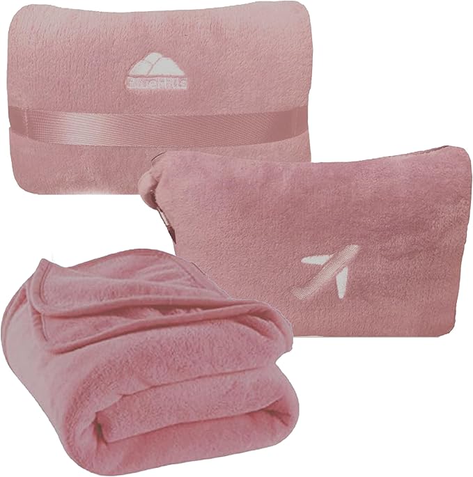 BlueHills Premium Soft Travel Blanket Pillow Compact Mini Airplane Blanket with Portable Pillowcase Long Flights - Dusty Rose Pink M02