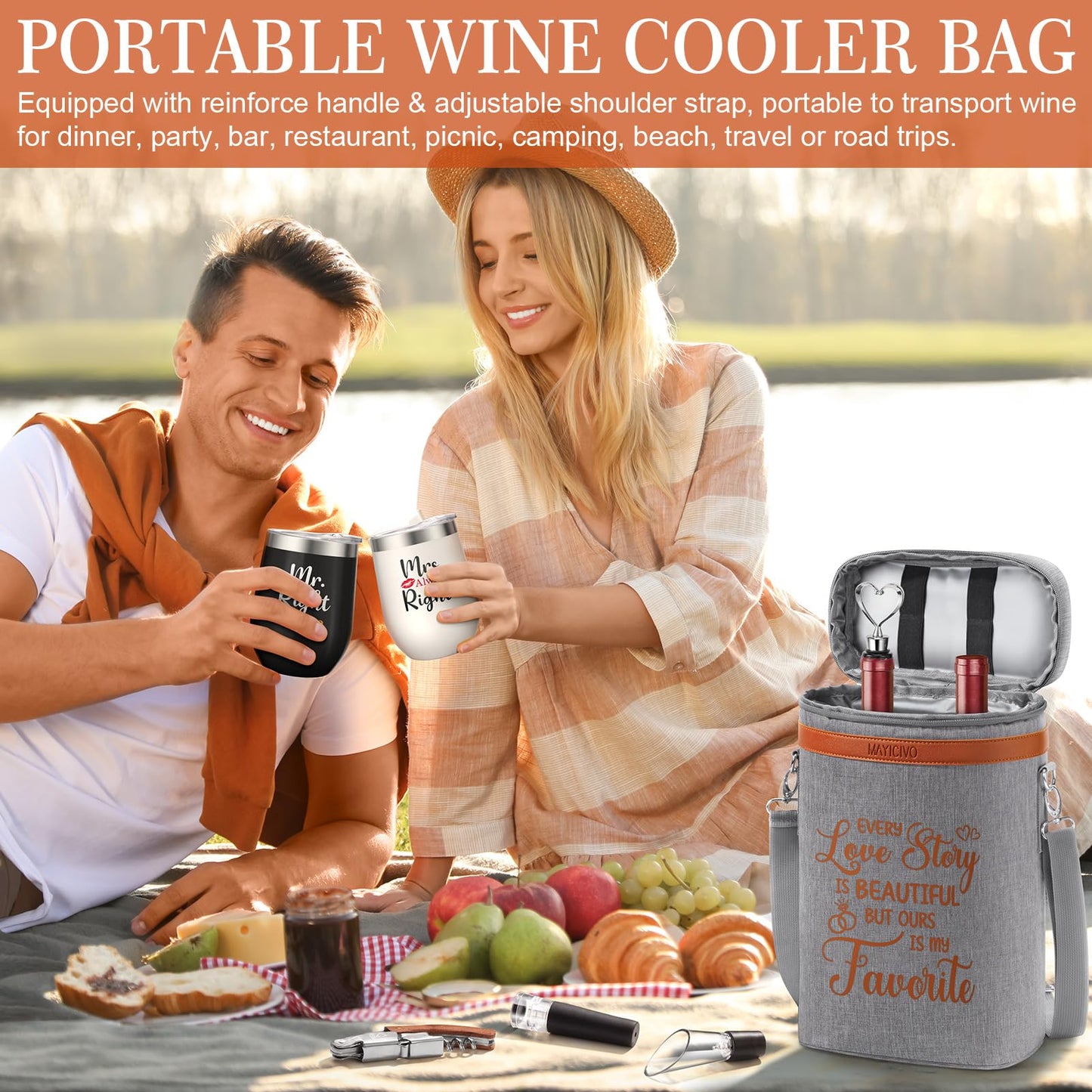 Anniversary Engagement Gifts for Men Women, Mr and Mrs Wine Tumblers Gifts - Funny Wedding Gifts for Couple, Bridal Shower, Newlywed - Insulated Wine Cooler Tote Bag with Glasses and Wine Accessories
