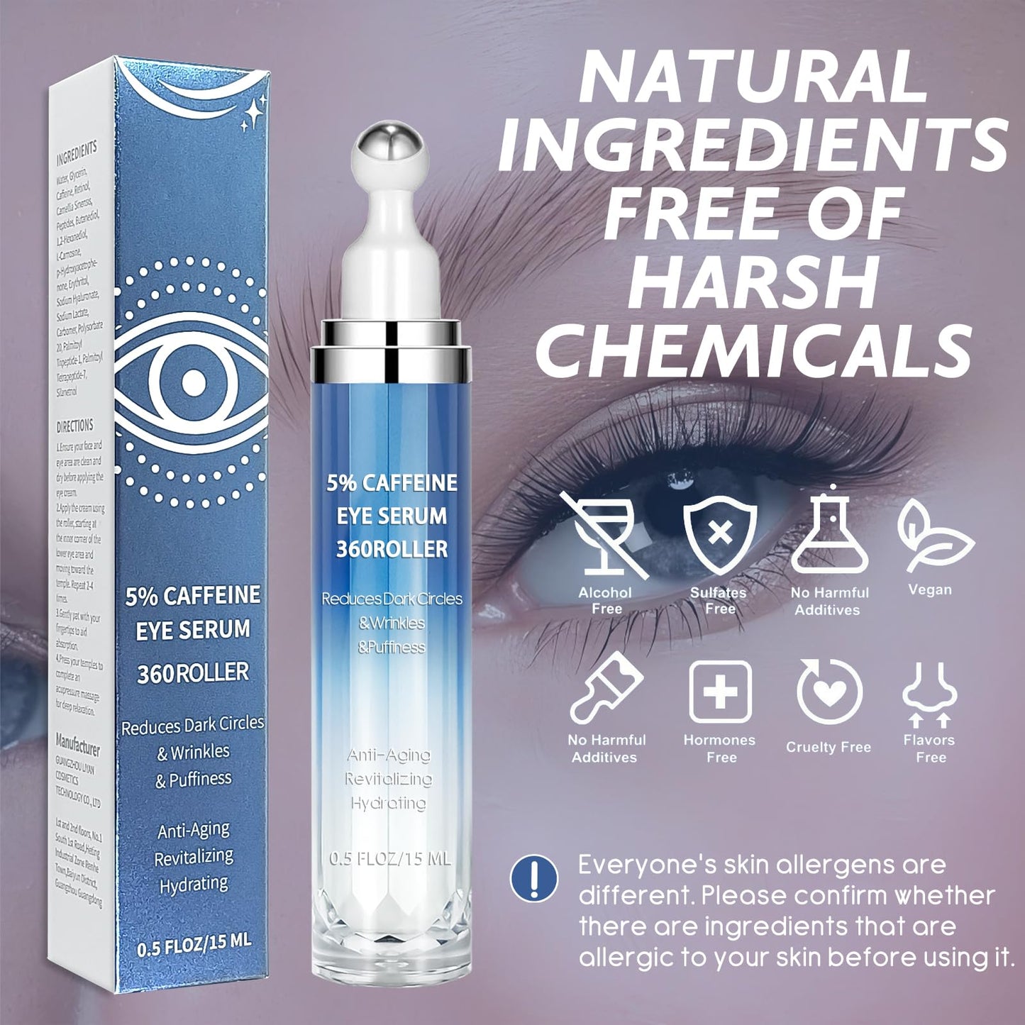 Caffeine & Retinol Eye Cream with 360° Massage Roller – Reduces Puffiness, Bags & Dark Circles – Peptides, Green Tea & Hyaluronic Acid – 15ml