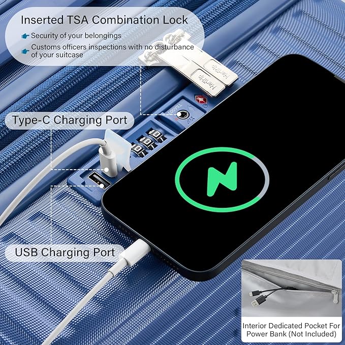 28 Inch Luggage Hard Shell Suitcases, Expandable Travel Checked Luggage 28 Inch, Large Check In Luggage with Spinner Wheels Cup Holder Charger Built in Lightweight Suitcase, Interstellar Blue