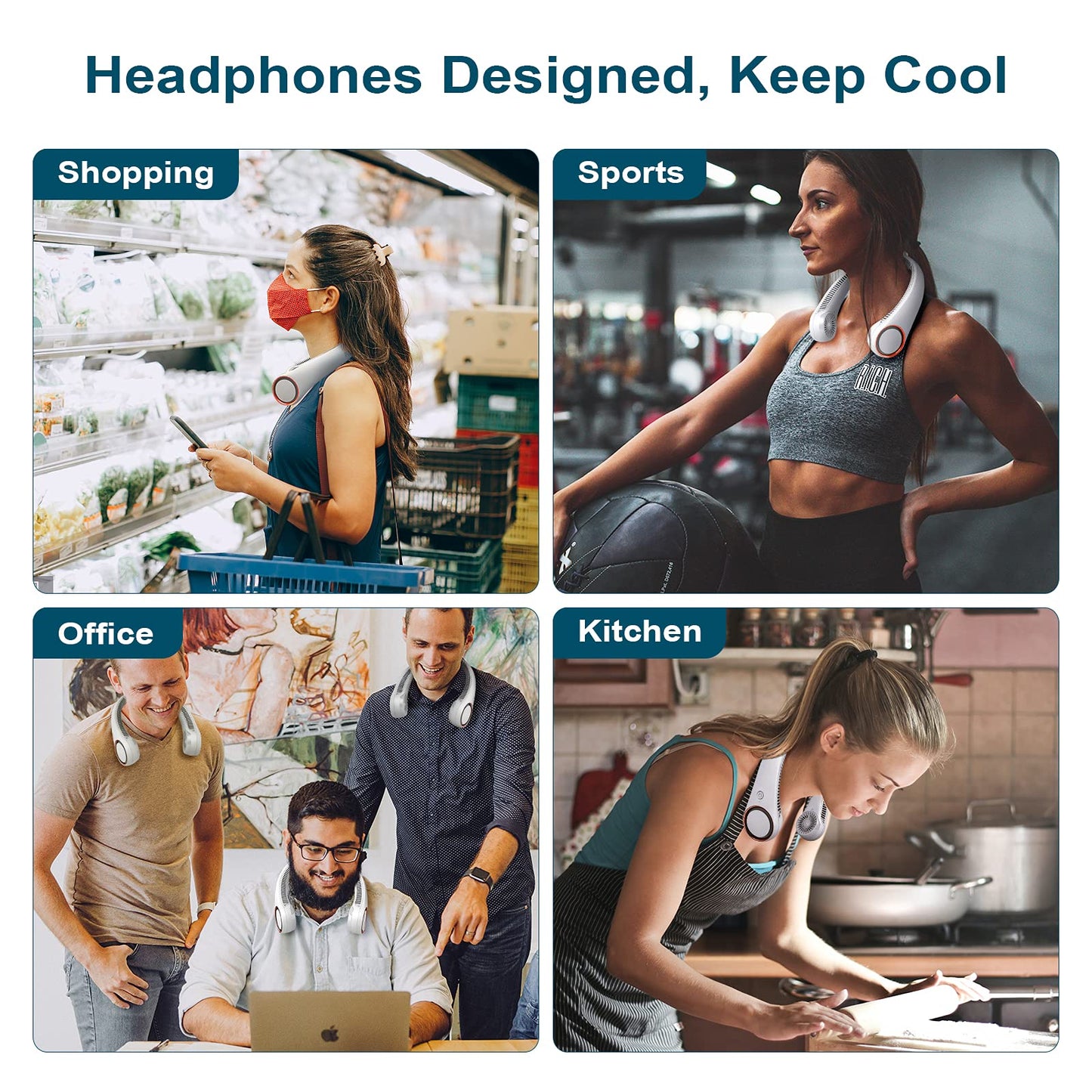 CIVPOWER Neck Fan: Portable Personal Neck Cooling Rechargeable Bladeless Fan - Hands Free 3 Speed 4000 mAh Battery USB Operated Wearable Headphone Design - for Men Women Outdoor Indoor (White)