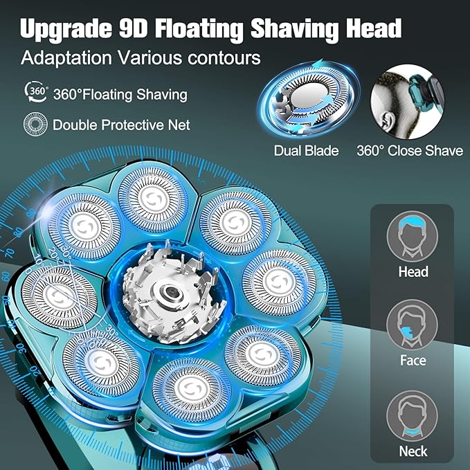 9D Electric Head Shaver for Bald Men, Upgraded 5-in-1 Waterproof Wet/Dry Grooming Kit Electric Shaver for Men, Cordless Rechargeable Bald Head Razor for Home&Travel