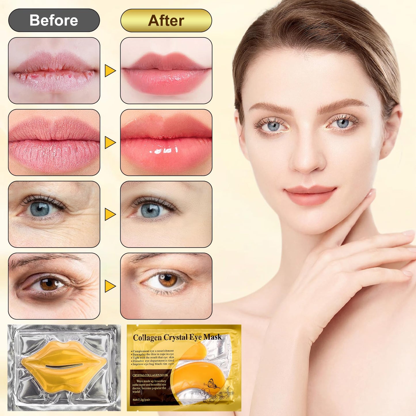 Yihurlm 40 Pcs Lip and Eye Mask Set,Collagen Lip Mask Sheet and Under Eye Patches,Gold Lips Masks Skincare,Gold Gel Crystal Collagen Eye Patches,Moisturizing Reducing Fine Lines & Dark Circle