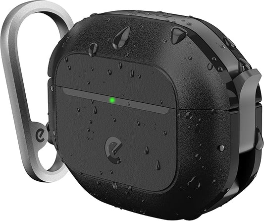 Keybudz for AirPods 4 Case with Lock - Fully Waterproof AirPods 4th Generation Case Cover - Keychain, Rugged Tough Protection, Hard Shell and Carabiner (Carbon Black)