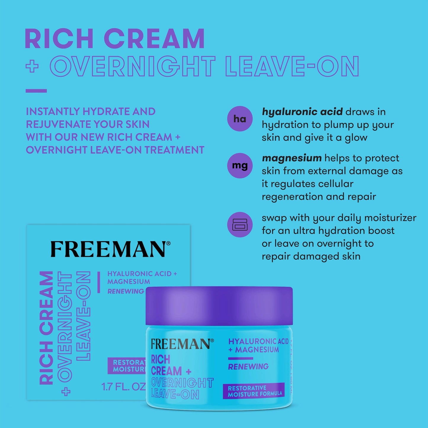Freeman Rich Cream + Overnight Leave-On, Moisturizing Face Mask, Facial Mask For Dry Skin, Face Cream Infused With Magnesium & Hyaluronic Acid To Hydrate & Soothe Skin, 1.7 fl.oz./ 50 mL Jar
