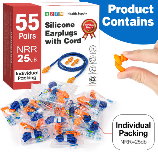 AZEN 55 Pairs Silicone Ear Plugs, Reusable Earplugs for Noise Reduction, 25dB NRR Corded Ear Plug for Sleeping Noise Cancelling, Ear Plug with String Individual Packing