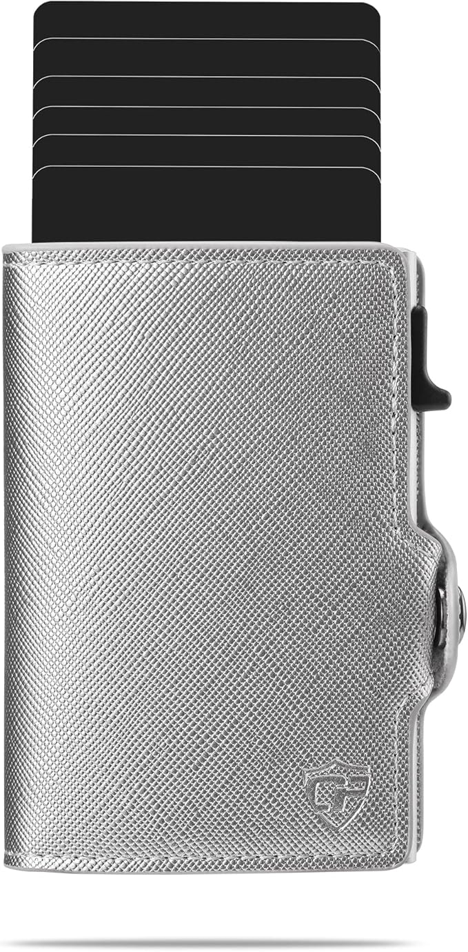 Card Blocr Womens Slim Wallet for Small Purses, Pop Up Wallet with Anti Theft RFID Blocking Credit Card Holder for Women in Platinum PU Saffiano Leather