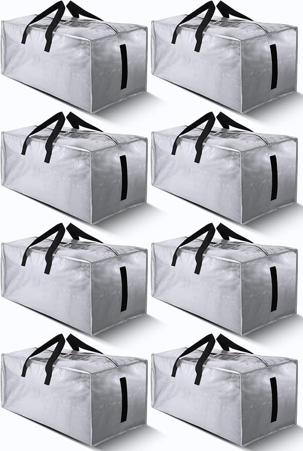 8 Pack Large Strong Bags with Zippers & Carrying Handles - Water-Resistant - Heavy Duty Storage Tote for Space Saving Storage, Fold Flat, Alternative to Moving Box (Silver)