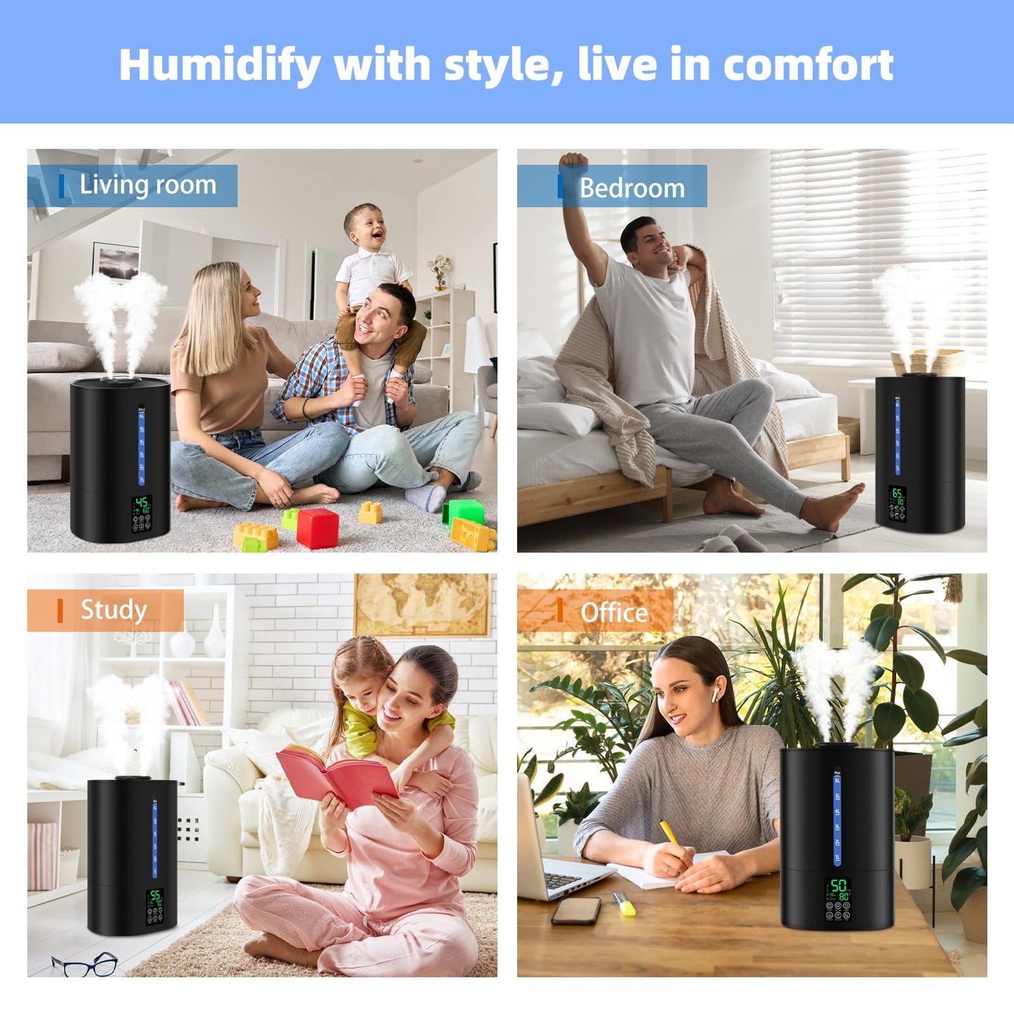 Coolfiqu 6L Humidifiers for Bedroom Large Room Home, Cool and Warm Humidifier for Plants Mist Top Fill Desk Humidifier Essential Oil Diffuser, Quiet Humidifiers with Adjustable Mist,360°Nozzle-Black