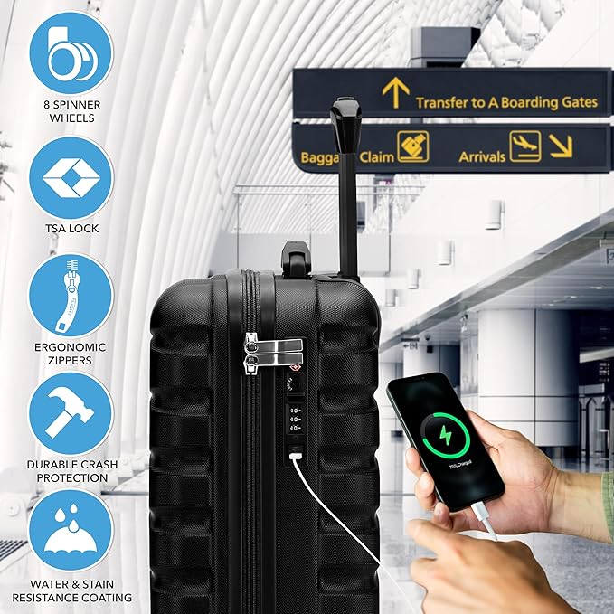 Carry On Suitcase Hardside Built In TSA Lock & USB Port Silent Double Spinner Wheels Maximum Underseat Carry-On Bag For American & United Approved Airlines( 18x14x8" ,Black )