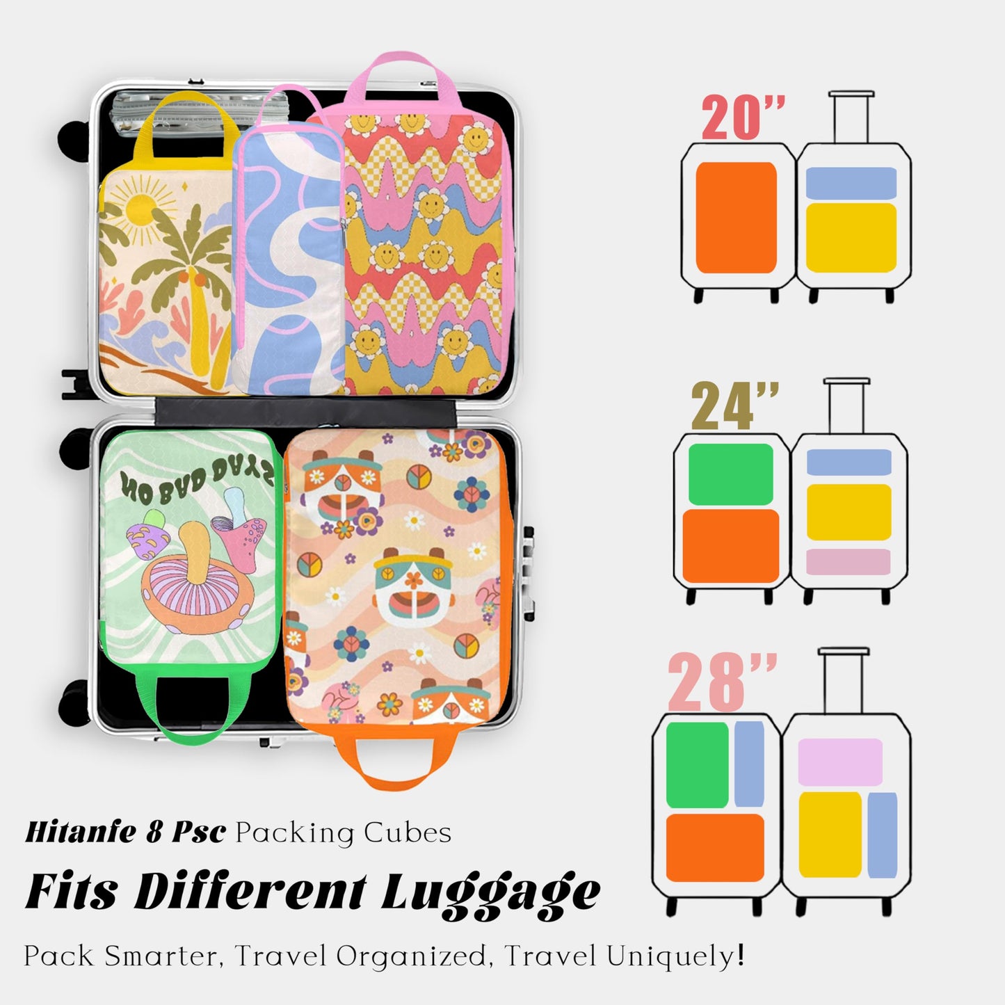 Hitanfe 8 Pcs Compression Packing Cubes Travel for Suitcases, Waterproof Luggage Organizer Washable Storage Bags Set for Backpack Travel- Packaging Cubes for Carry-Ons and Storage