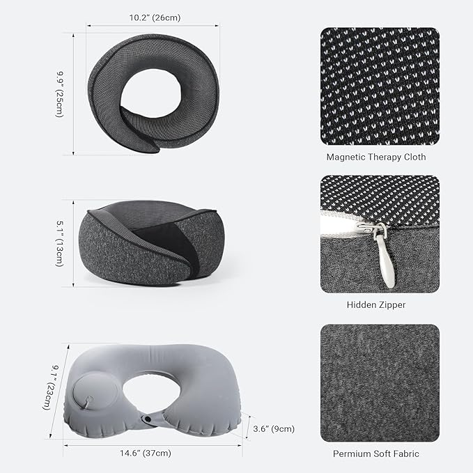 Cozi Travel Pillow for Airplane,100% Pure Memory Foam Airplane Pillow with Inflatable Adjustable Neck Pillow for Women Men Traveling Sleeping Long Flight Portable Plane Accessories Deep Gray