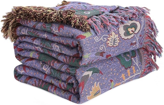Boho Throw Blanket for Bed 100% Cotton Ultra Soft Rustic Quilt Farmhouse Decor Bed Fall Blankets,All Season Rustic Throw for Sofa Couch Chair (Flower-Purple, 90"×98")