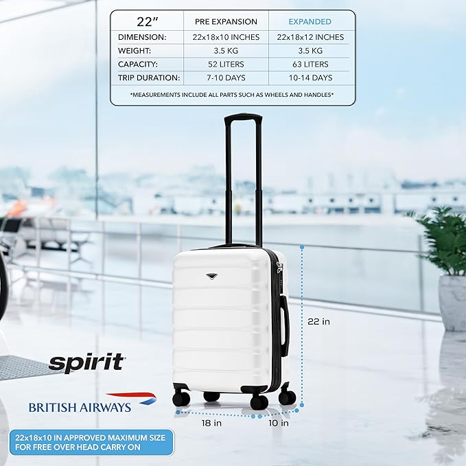 Carry On Suitcase Hardside TSA Lock & USB Port Silent Double Spinner Wheels Maximum Overhead Carry-On Bag Approved For Many Airlines( 22x18x10" ,White )