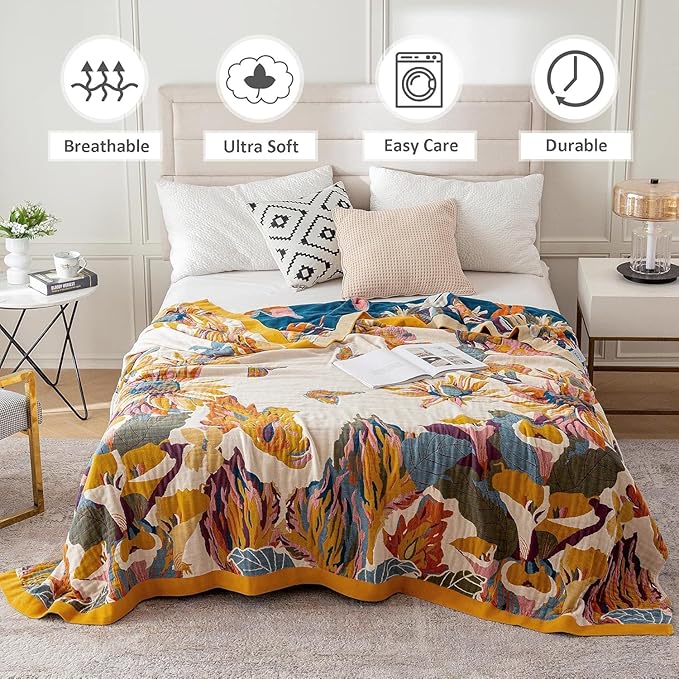 King Throw Blanket for Bed 100% Cotton Boho Ultra Soft Rustic Quilt Butterfly and Floral Double Embroidery Fall King Bed Blanket,90"×108" All Season Blankets for Bedding Couch