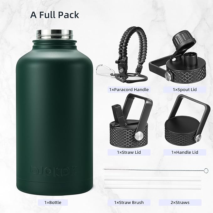 BJPKPK Half Gallon Insulated Water Bottles with Straw Lid, 64oz Large Water Jug, Stainless Steel Bottles with 3 Lids and Paracord Handle, Thermo for Hot & Cold Liquid, Army Green