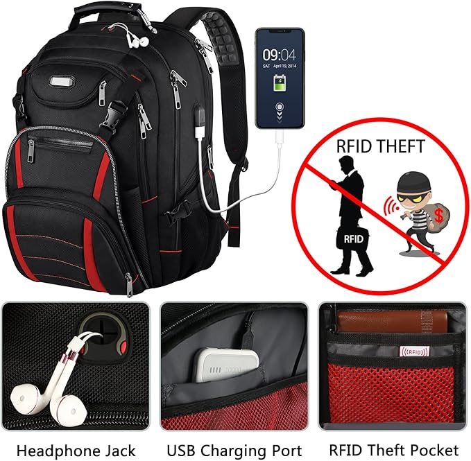 18.4 '' Laptop Backpack for Men,Women,55L Extra Large Travel Laptop Backpack with USB Charger Port,Headphone Hole,Chest Strap,TSA Friendly Flight Approved RFID Anti-theft Water Resistant Rugby Pocket