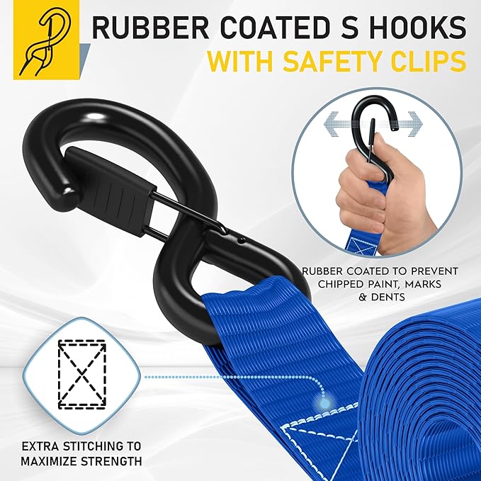 AUGO Heavy Duty Ratchet Straps & Soft Loops – Pack of 4 Extra Strong 1.5” by 10’ Ratchet Straps w/S-Hook Safety Latches & 4 Soft Loop Tie Downs – 4400Lb Break Strength for Motorcycles, ATVs, Etc.