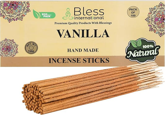 Bless-Vanilla 100%-Natural-Handmade-Hand-Dipped-Incense-Sticks Organic-Chemicals-Charcoal-Free Purification-Relaxation-Positivity-Yoga-Meditation Best-Woods-Scent (100 Sticks(5.25 OZ))
