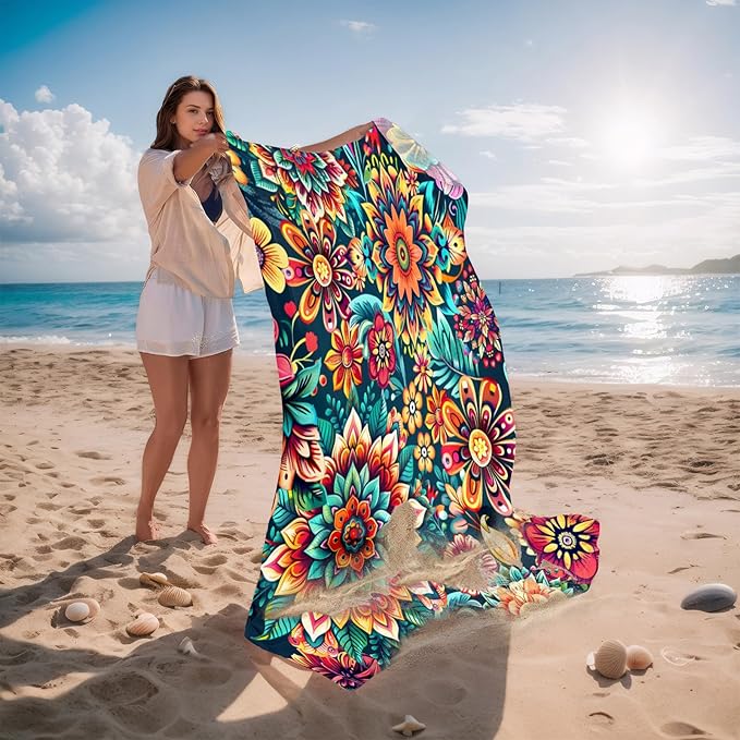 Beach Blanket Waterproof Sandproof, Bohemian Flowers Oversized Extra Large Beach Mat 83"×95"/8 × 7 FT for 1-7 Adults for Picnic Travel Hiking, Quick Drying Lightweight Camping Vacation Essentials
