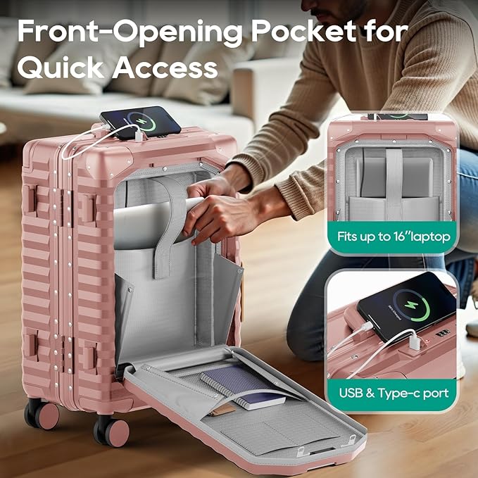 Joyway 20 Inch Carry on Luggage with Aluminium Frame and Front Pocket, PC Hardshell Suitcase with USB Port and Cup Holder, 21.5x14.2x9 Airline Approved, Luggage with Spinner Wheel TSA Lock(Rose Gold)