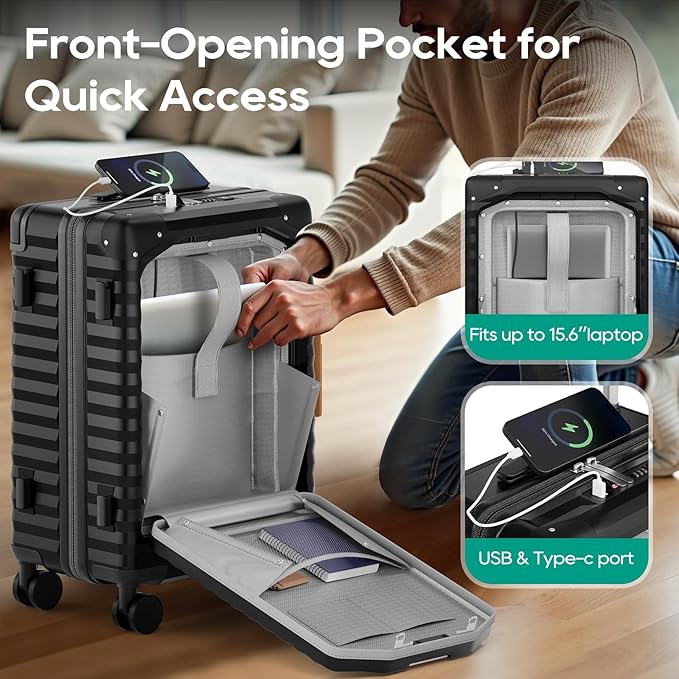 Joyway 20 Inch Carry on Luggage with Front Pocket, PC Hardshell Carry-on Suitcase with USB Port and Cup Holder, 21.5x14.2x9 Airline Approved, Luggage with Spinner Wheels and TSA Lock (Black)