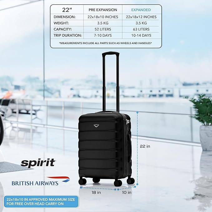 Carry On Suitcase Hardside TSA Lock & USB Port Silent Double Spinner Wheels Maximum Overhead Carry-On Bag Approved For Many Airlines( 22x18x10" ,Black )