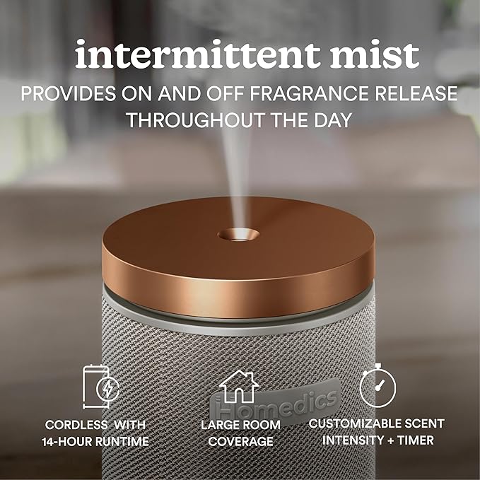 Homedics SereneScent Fabric Rechargeable Waterless Diffuser, Use with Homedics SereneScent Oil 120ml (Sold Separately) Cordless Aromatherapy, Adjustable Mist & Timer, 6 Calming Lights, Grey