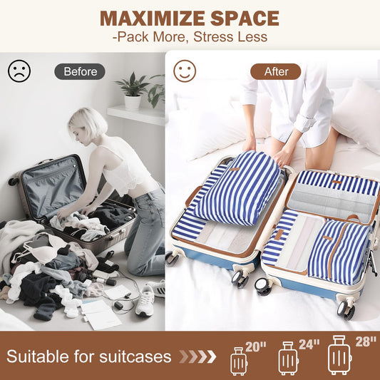 Lekespring Compression Packing Cubes for Travel – 6 Set Organizer Bags for Suitcase with Shoe Bag & Laundry Bag – Compression Travel Essentials for Women