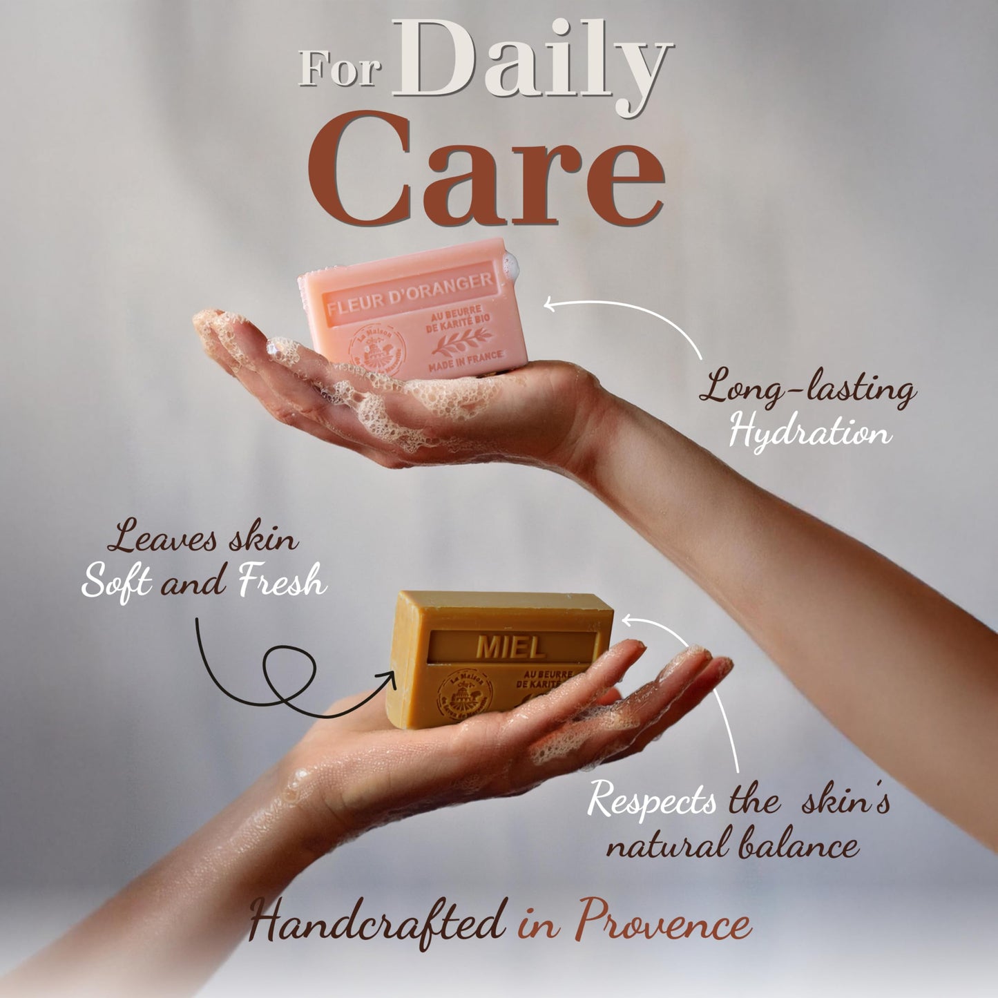 Hand & Body Soap Bars Trio - Rose Moisturizing French Soap with Organic Shea Butter - Rich Creamy Lather - 97% Natural Ingredients - Solid Bath Cleanser Made in Provence - 3x4.4 oz