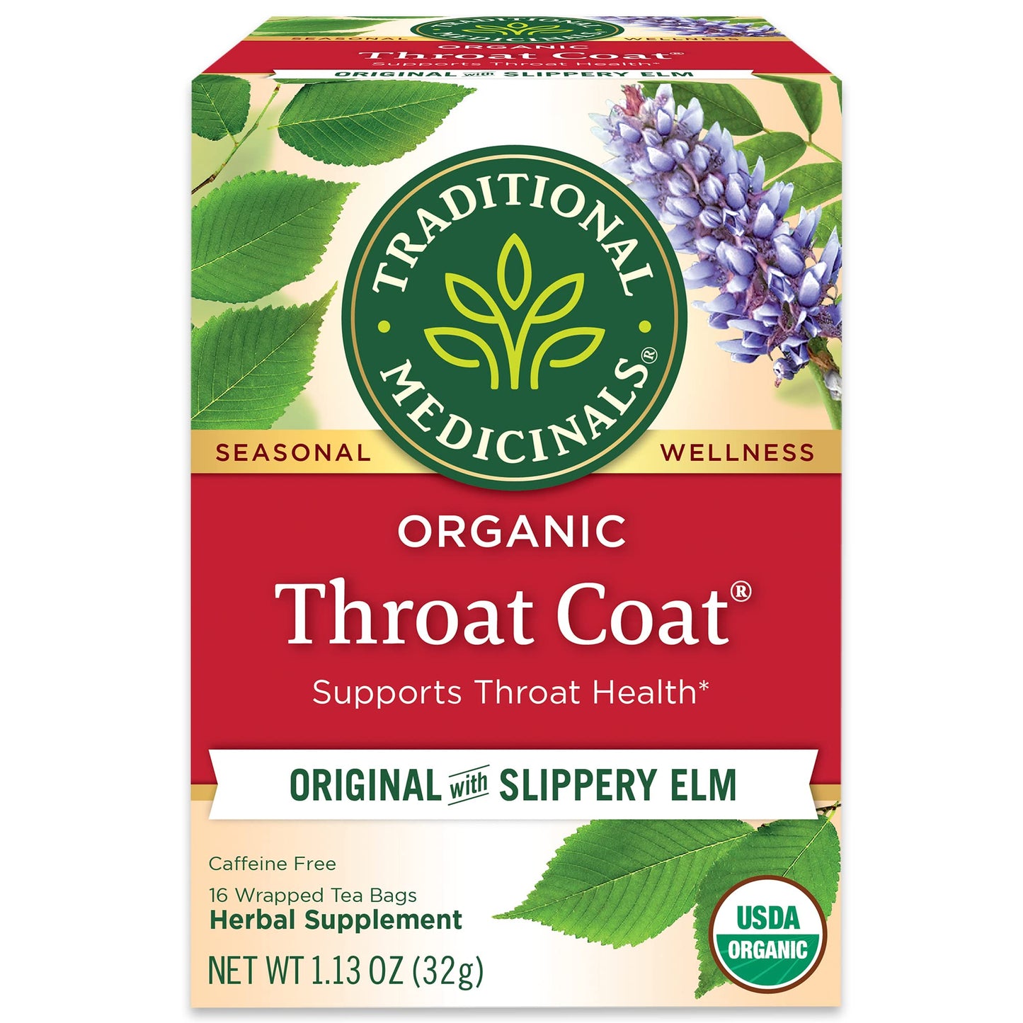 Traditional Medicinals Organic, Throat Coat Tea, Original with Slippery Elm - Supports Throat Health - Kosher, Non-GMO, Caffeine-Free, Compostable - 16 Tea Bags