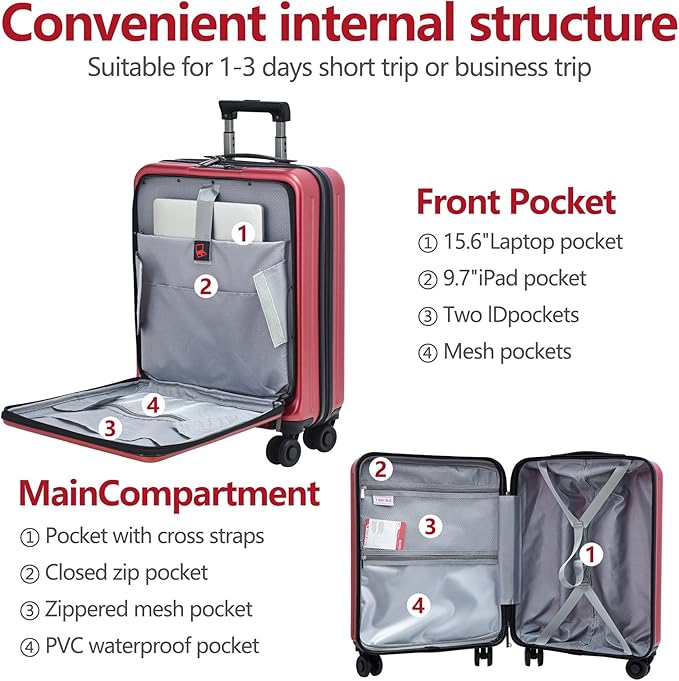 3Pcs (20/24/28) Luggage Set, HardShell Lightweight, Only 20" with Front Pocket, 21.65*15.35*7.87" Fits Overhead Cabin, 24" (26*17.7*10.2") and 28" (19.68*11.81*29.92") Checked Luggage, Red