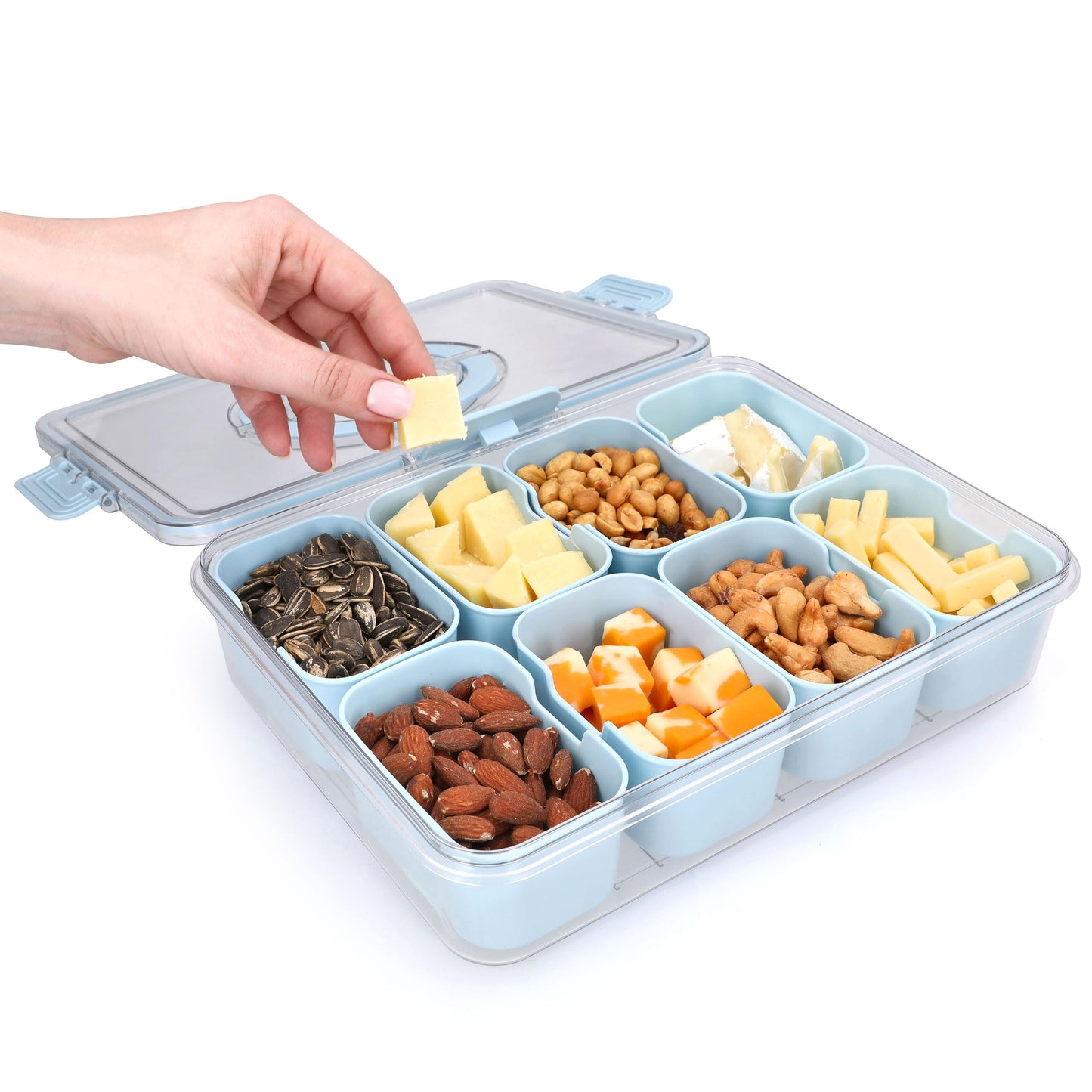 KEYVOZ Snackle Box Container with Lid- Travel Charcuterie Box with Handle - Organizer for Candy, Fruit, Nuts, Veggies, Snacks, Beach Essentials, Portable Lunch Box (Blue, Large)