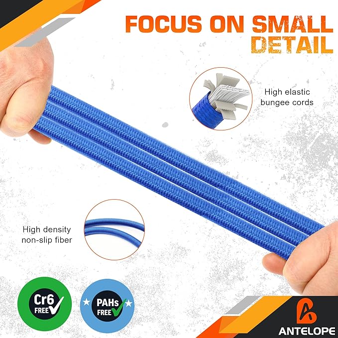 A ANTELOPE 36" Bungee Cords with Hooks, Pack of 8 Premium Heavy Duty Rubber with Strong Elastic Cords for Outdoor Tent, Luggage Rack, Camping, Cargo, RV, Bicycle, Transportation (Blue)