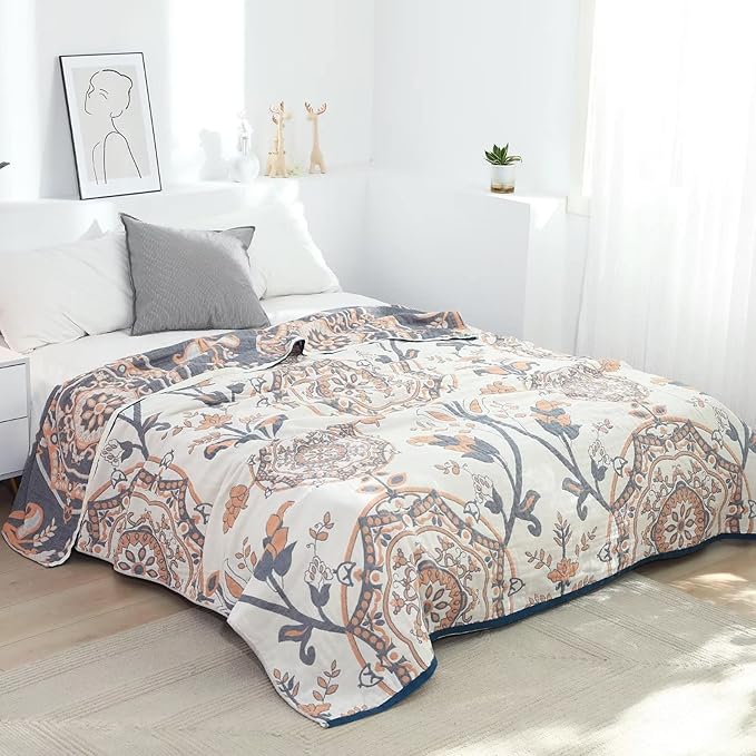 Boho Throw Blanket for Bed 100% Cotton Ultra Soft Rustic Quilt Fall Blanket Floral Printed Farmhouse Decor Bed Blankets,60"×80" All Season Rustic Throw for Sofa Couch Chair