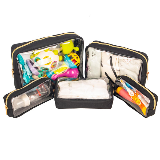 Remobia Hicol TSA Approved 5-Piece Diaper Bag Organizer Pouch Set Clear Waterproof TPU Kids Toiletry Storage Set Travel Packing Clutch Cube Bags for Baby Nursing(Black)