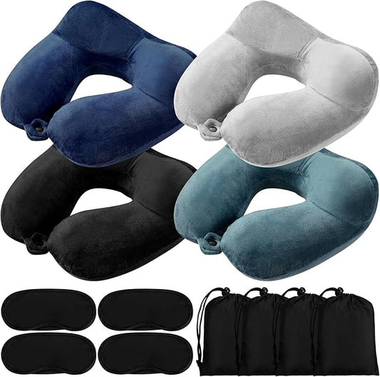 Sintuff 4 Sets Inflatable Travel Pillows for Airplanes with Compact Bag and Blindfold Velvet Inflatable Neck Pillow for Traveling Head Support U Shaped Flight, 12 x 12 x 5.5 Inch(Multi Color)