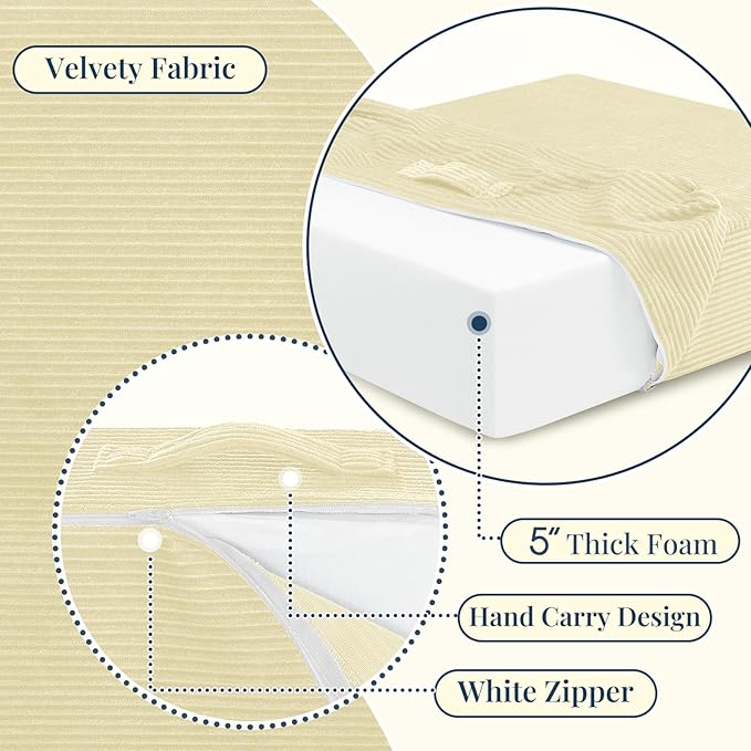 Wellsin Solid Square Floor Pillows for Adults Kids - Large Meditation Floor Pillow Seating Cushion with Thick Foam & Washable Velvet Cover, 1 Pack, 22x22x5 Inch, Beige