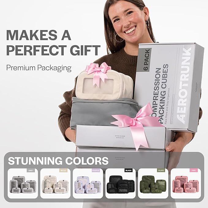 Compression Packing Cubes for Travel - Luggage Organizer Bags - Double Zipper Packing Cubes for Suitcases (6-Pack, Mocha)