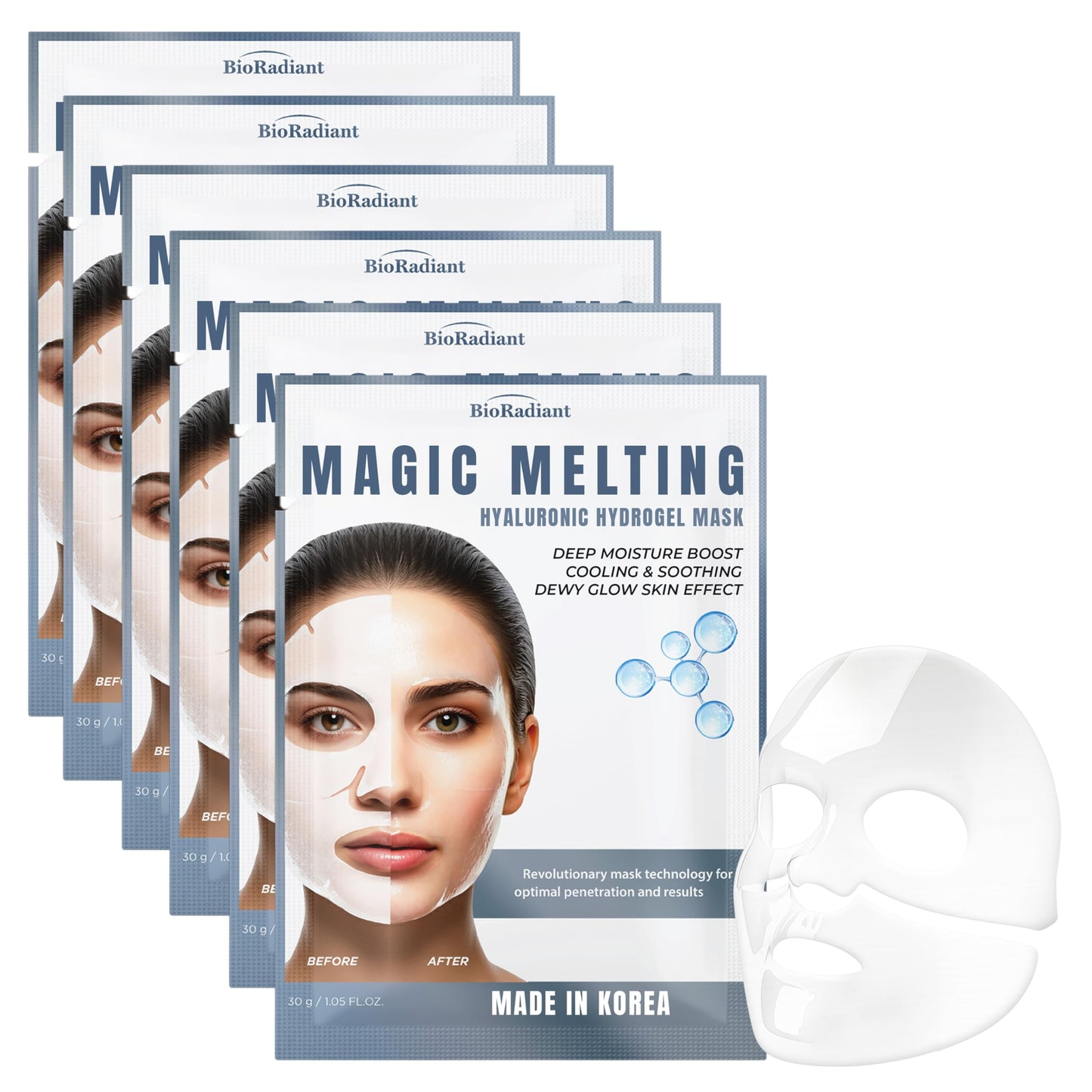 Bio Radiant Magic Melting Overnight Face Mask - Hyaluronic Acid Ultra Hydrating Hydrogel Mask - Cooling & Soothing - Rejuvenating Facial Mask w/Dewy Skin Effect - Clean Beauty Made in Korea - 6 Pack