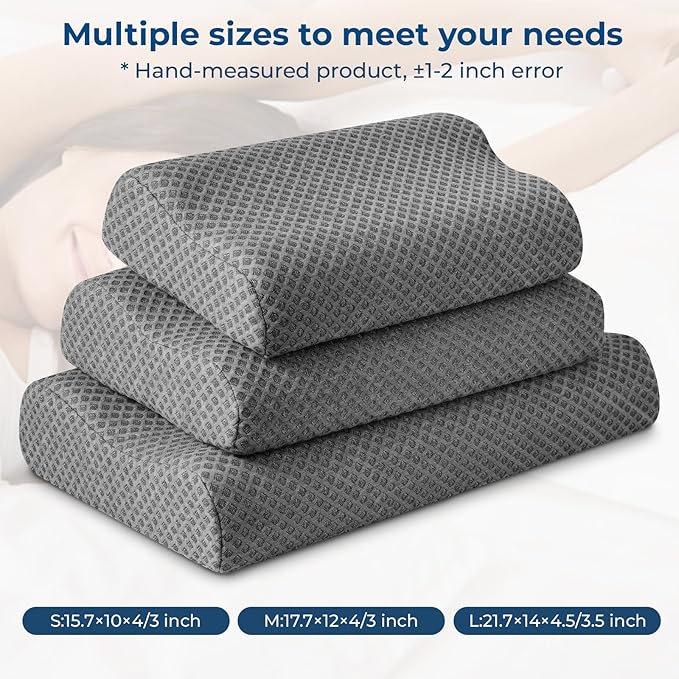 Travel Pillow Memory Foam Pillows, Ergonomic Wave Cervical Neck Pillow for Neck Pain Relief, Compressible Medium Firm Side Sleeper Pillow, Ideal for Camping, Office, Home & Bed (Dark Grey, M)