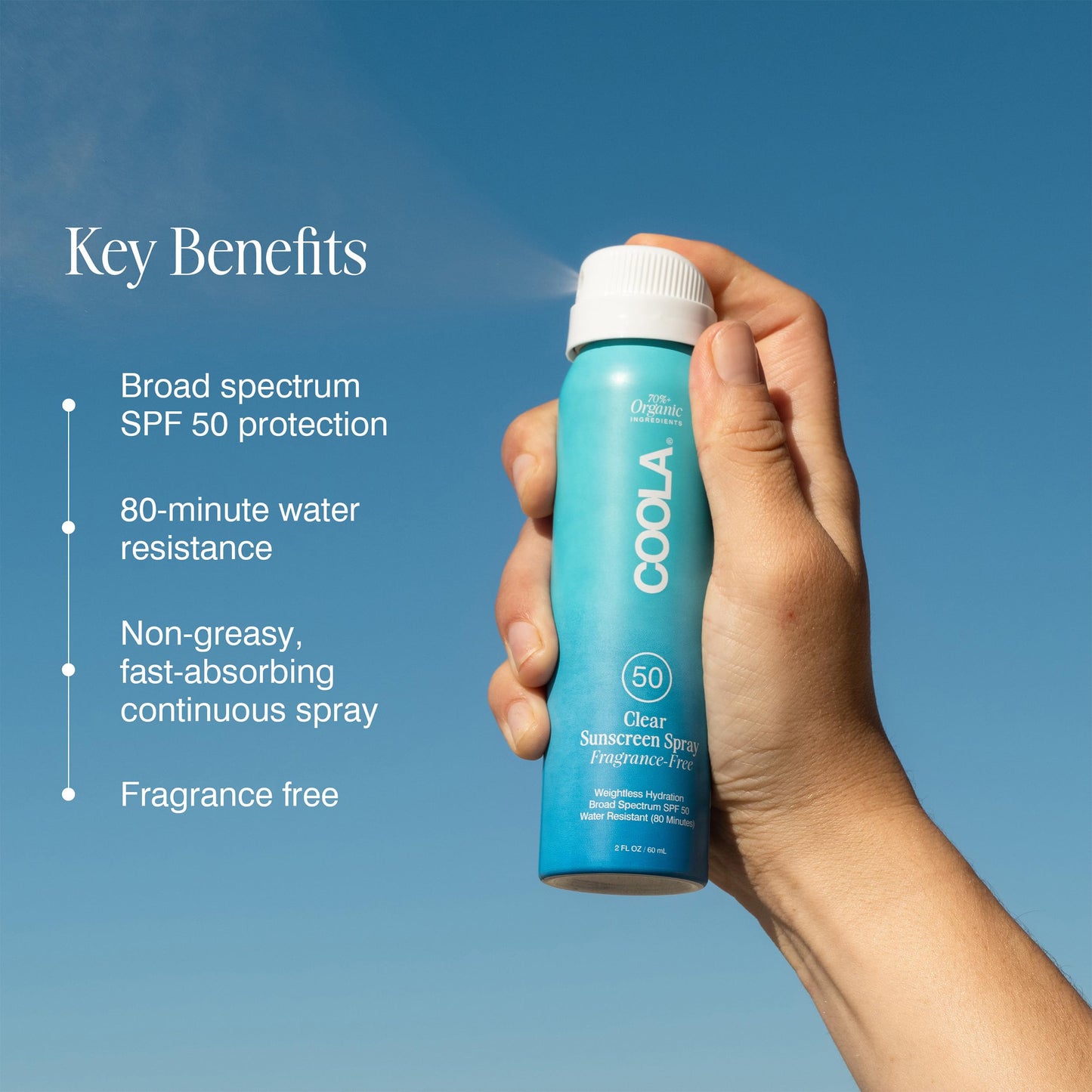 COOLA Organic Sunscreen SPF 50 Sunblock Spray, Dermatologist Tested Skin Care for Daily Protection, Vegan and Gluten Free, Fragrance Free, 2 Fl Oz