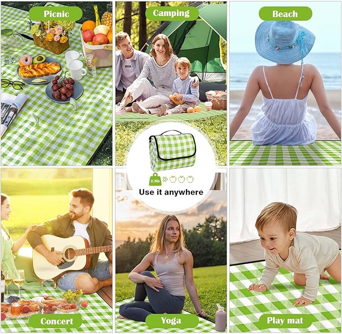 78.7''x78.7'' Extra Large Picnic Beach Blankets, 3 Layers Plaid Waterproof Thickened Foldable Camping Blanket, All-in-one Portable Mat, Suitable for Park, Camping, Outdoor Indoor, Green