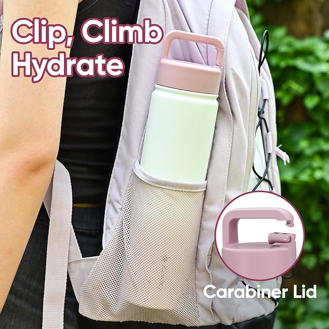 24 oz Insulated Water Bottle, 2-in-1 Lid, Straw & Spout with Protected, Leak Proof, Keep Cold, Stainless Steel, Metal, Reusable, Handle, for Travel, Gym and School, 2 Lids, Iced Plum