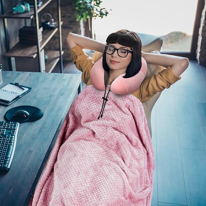 Travel Pillow and Blanket Set Neck Pillows Soft Blankets with Sleep Mask Travel Essentials for Airplane Car Memory Foam Pink