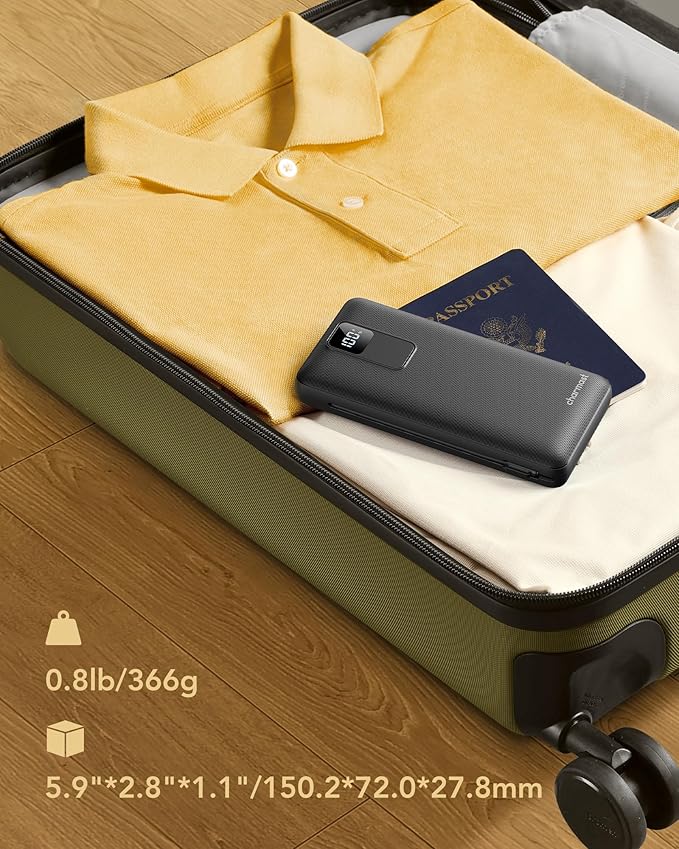 charmast Portable Charger 20000mAh with Wall Plug, Fast Charging Power Bank USB C, 20W PD Battery Pack with Built-in Cables Travel Essential for iPhone 16/15/14, Samsung, iPad More Devices (Black)