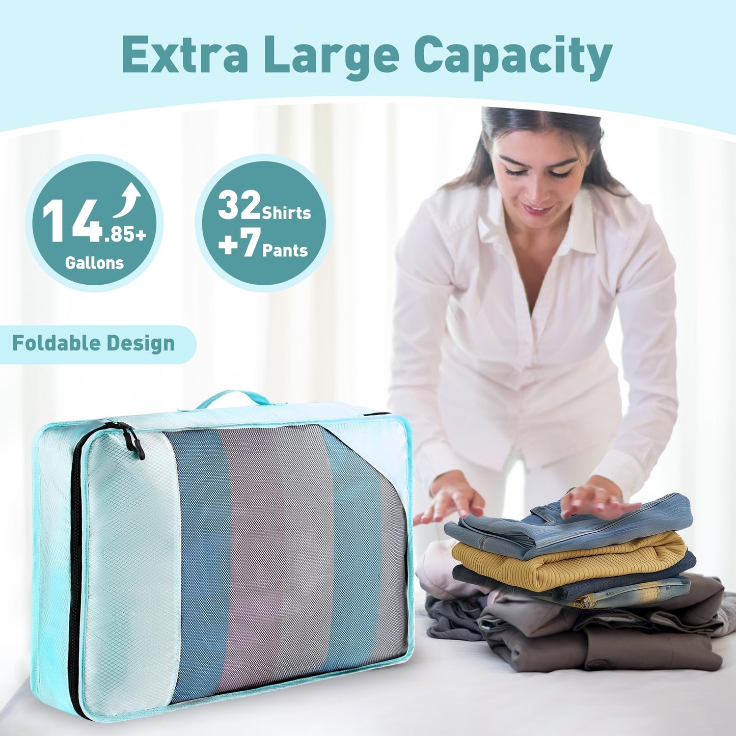 Toncoke 8-Piece Packing Cubes for Travel, Mesh Luggage Organizers with Shoe Bag, Toiletry Bag, Laundry Pouches, 4 Sizes (XL/L/M/S) for Suitcase Organization, Men Women Kids, Lake Blue